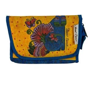 Laurel Burch Cat blue yellow zippered mirror cat pouch